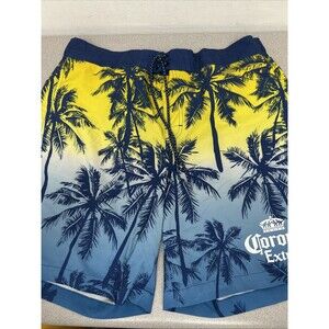 Corona Extra Men's Swim Trunks Shorts Palm Trees, Drawstring, Yellow, Blue‎ XL